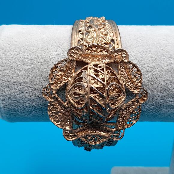 Vintage Gold Tone Filigree Openwork Cuff Bracelet, Egyptian Revival, 6 1/2 Inch - Picture 12 of 13